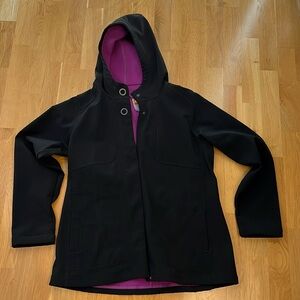Lucy Brand black raincoat with purple fleece.